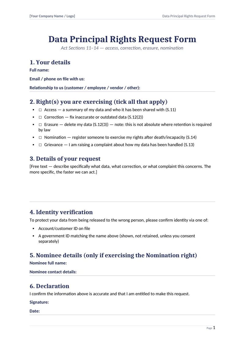 First page of the Rights Request Form + Tracker (step 07)